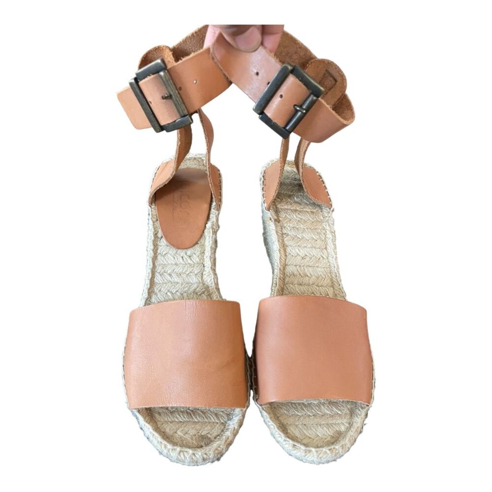 Espadrille Wedge Sandal | Tan Leather | Ankle wrap buckle | Size 7.5